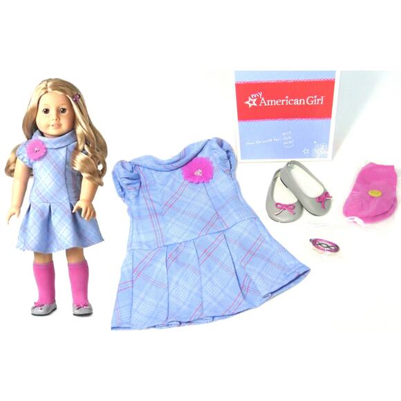 American Girl SWEET SCHOOL DRESS Outfit Doll Clothes Barrette Socks Shoes Box - Picture 2 of 9
